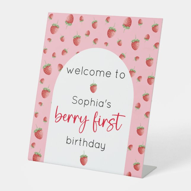 Strawberry 1st Birthday Berry First Welcome Pedestal Sign (Front)