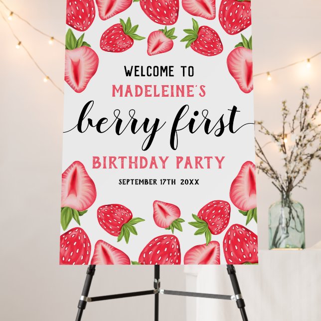 Strawberry 1st Birthday Berry First Welcome Sign (In Situ (Stand))