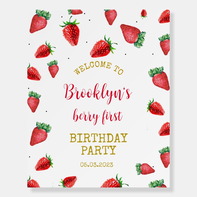 Strawberry 1st Birthday Berry First Welcome Sign (Front)