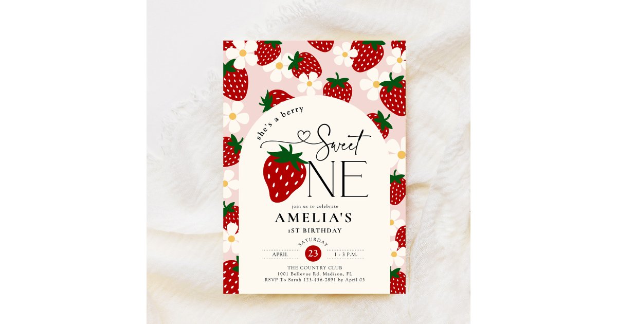 Strawberry 1st Birthday Berry Sweet One Invitation | Zazzle
