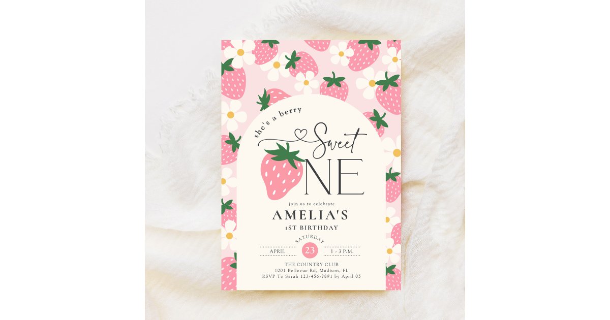 Strawberry 1st Birthday Berry Sweet One Pink Invitation | Zazzle