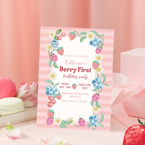 Strawberry 1st Birthday Berry Sweet Pink Birthday Invitation