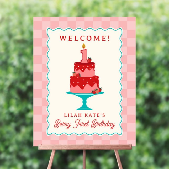 Strawberry 1st Birthday Cake Checker Welcome Foam Board (Creator Uploaded)