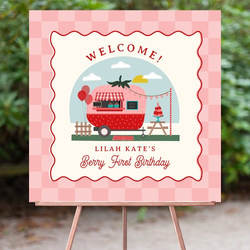 Strawberry 1st Birthday Camper Checker Welcome Foam Board