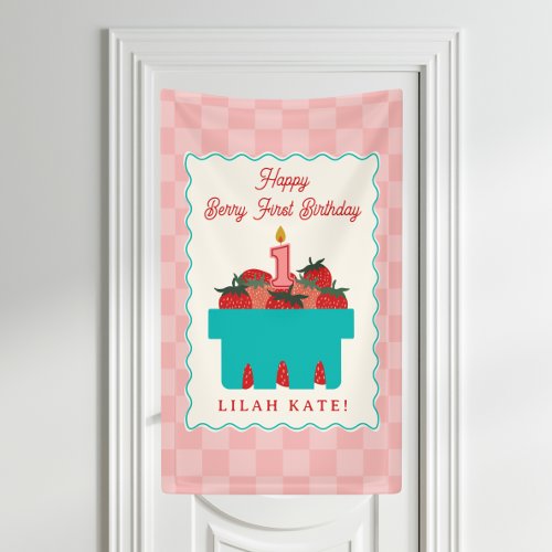 Strawberry 1st Birthday Checker Basket  Banner