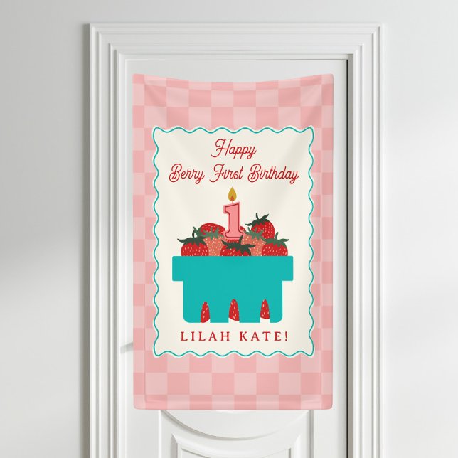 Strawberry 1st Birthday Checker Basket  Banner (Creator Uploaded)