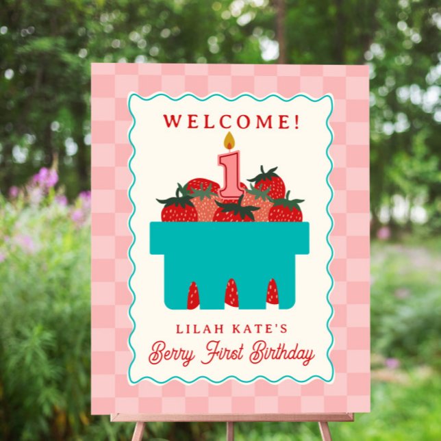 Strawberry 1st Birthday Checker Basket Welcome Foam Board (Creator Uploaded)