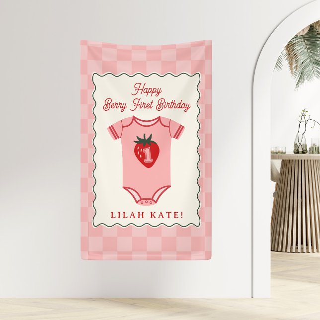 Strawberry 1st Birthday  Checker Bodysuit  Banner (Creator Uploaded)