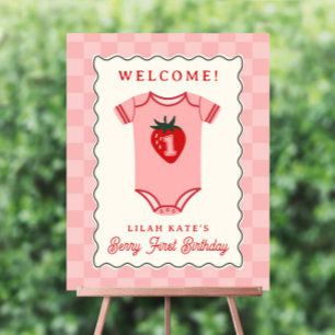 Strawberry 1st Birthday Checker Bodysuit Welcome Foam Board