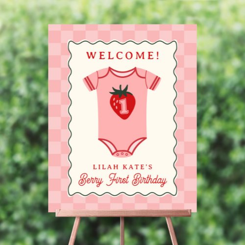 Strawberry 1st Birthday  Checker Bodysuit Welcome Foam Board