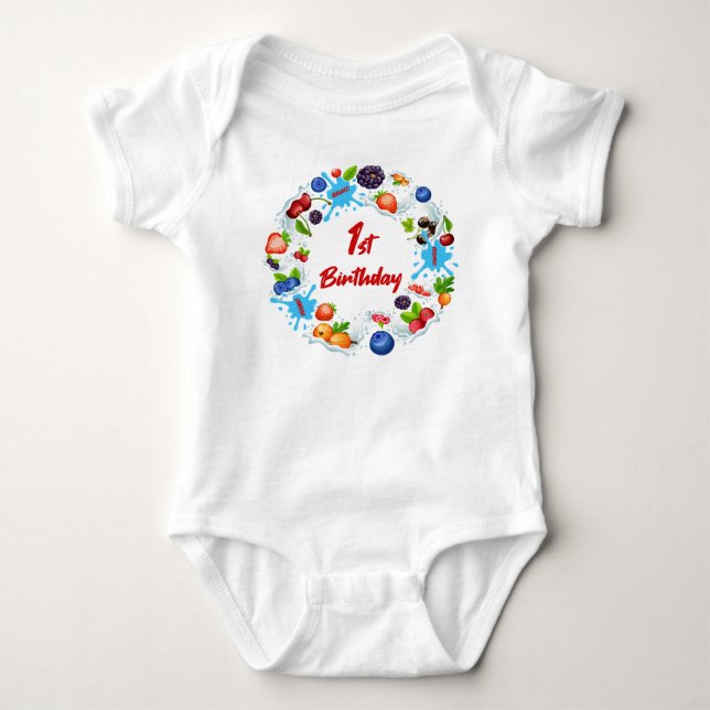 Strawberry 1st Birthday custom name Baby Bodysuit (Front)
