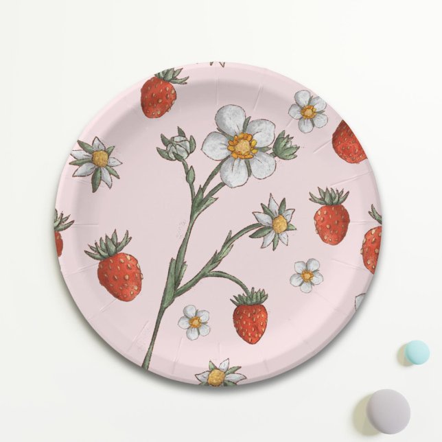 Strawberry 1st Birthday Floral Berry first Paper Plates (Creator Uploaded)