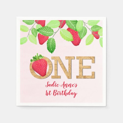 Strawberry 1st Birthday Girl Red Pink Rustic Napkins