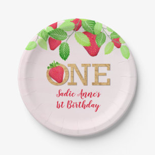 Strawberry 1st Birthday Girl Red Rustic Paper Plat Plates