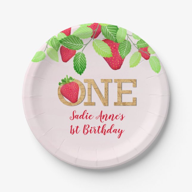 Strawberry 1st Birthday Girl Red Rustic Paper Plat Plates (Front)
