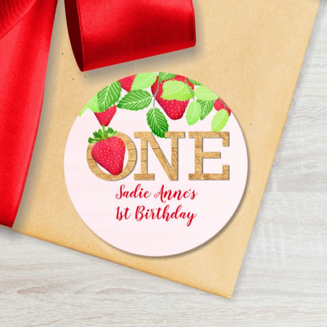 Strawberry 1st Birthday Girl Rustic Berry Sweet Classic Round Sticker (Creator Uploaded)