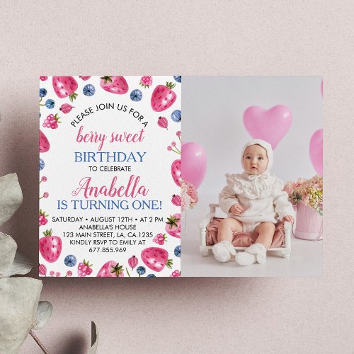 Strawberry 1st Birthday Invitation Berry Sweet