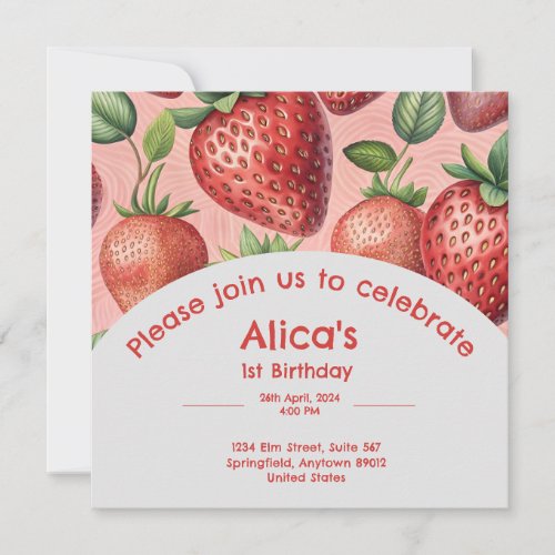 Strawberry 1st birthday invitation in summer