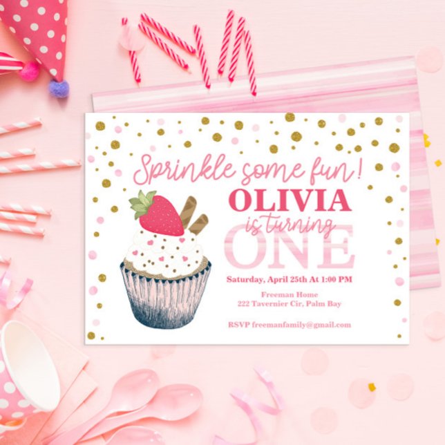 Strawberry 1st Birthday Invitation – Sweet Pink “B (Creator Uploaded)