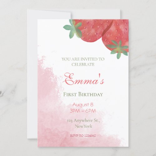 Strawberry 1st birthday invitations with photo