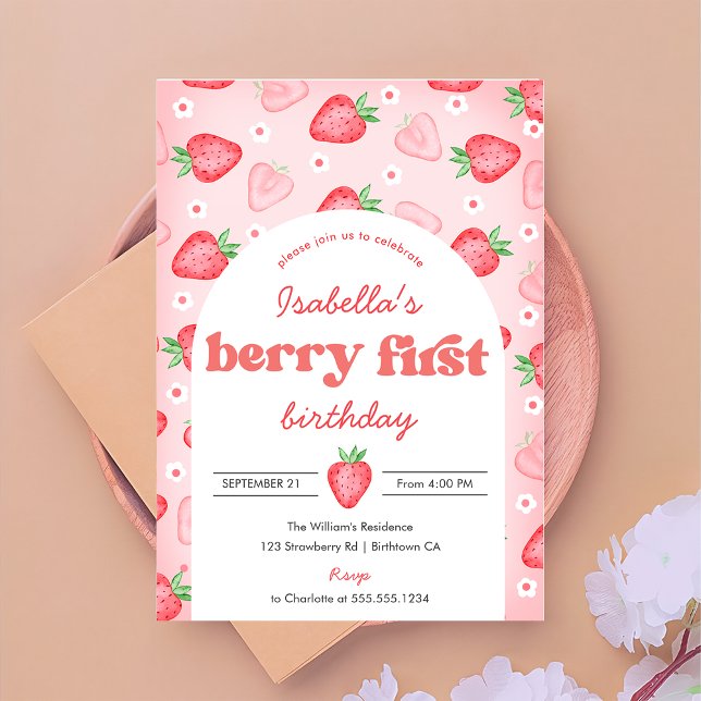 Strawberry 1st Birthday Invite Berry First Sweet (Creator Uploaded)