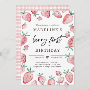 Strawberry 1st Birthday Invite First Berry Sweet by Anietillustration at Zazzle