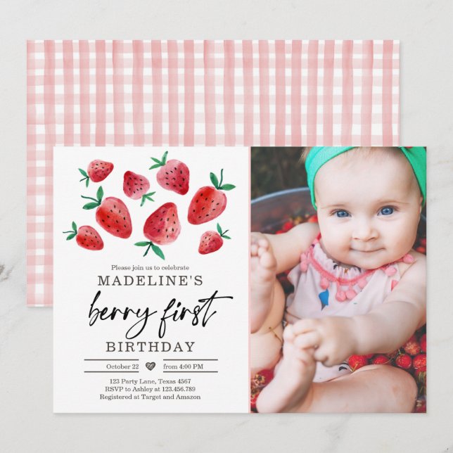 Strawberry 1st Birthday Invite First Berry Sweet (Front/Back)