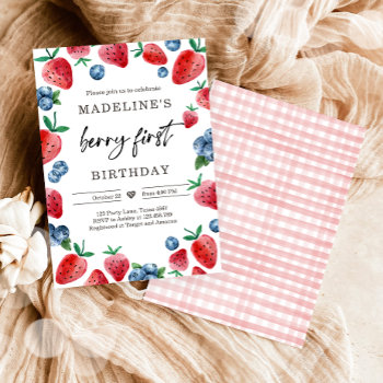 Strawberry 1st Birthday Invite First Berry Sweet by Anietillustration at Zazzle