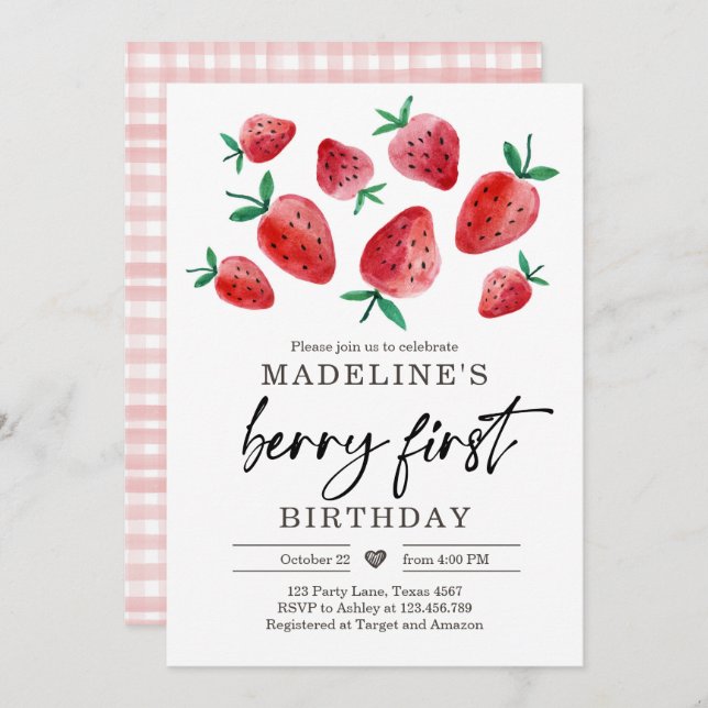 Strawberry 1st Birthday Invite First Berry Sweet (Front/Back)