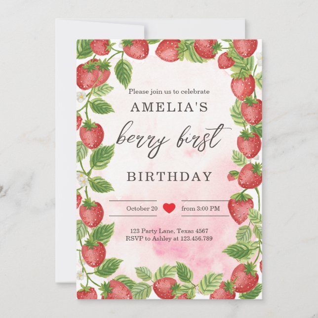 Strawberry 1st Birthday Invite First Berry Sweet (Front)