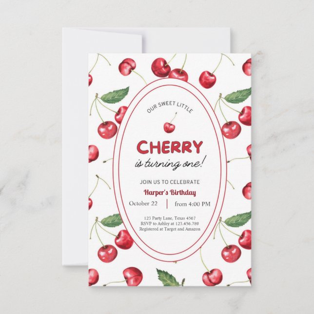 Strawberry 1st Birthday Invite First Berry Sweet (Front)
