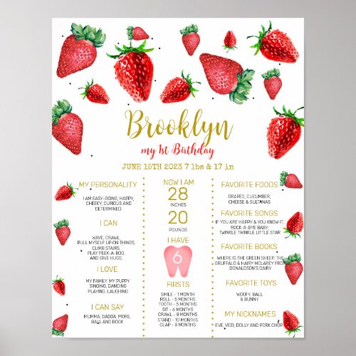 Strawberry 1st Birthday Milestone Poster