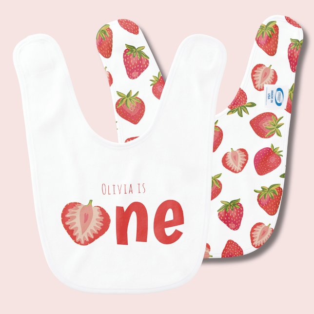 Strawberry 1st Birthday Party Baby Girl is One Baby Bib (Strawberry First Birthday baby bib, baby girl is one berry first birthday party.)