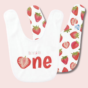 Strawberry 1st Birthday Party Baby Girl is One Bib