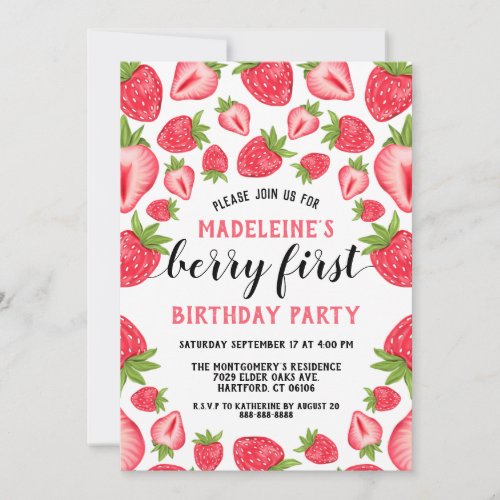 Strawberry 1st Birthday Party Berry First Custom   Invitation