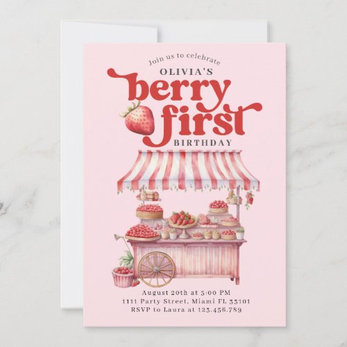 Strawberry 1st Birthday Party Berry First Girl Invitation