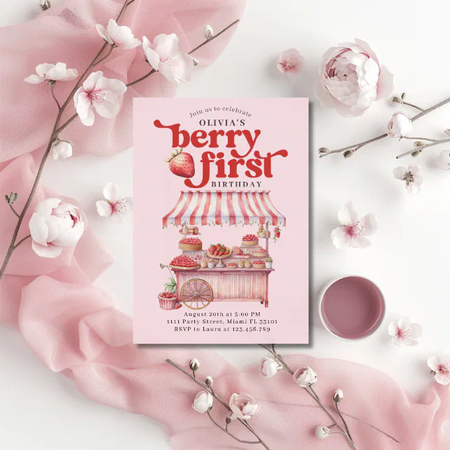 Strawberry 1st Birthday Party Berry First Girl Invitation | Zazzle