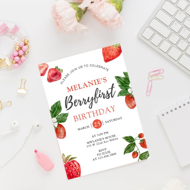 Strawberry 1st Birthday Party | Berry First girl Invitation (Berry first 1st Birthday invitation card mockup)