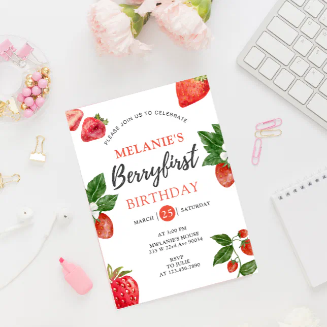 Strawberry 1st Birthday Party | Berry First girl Invitation | Zazzle