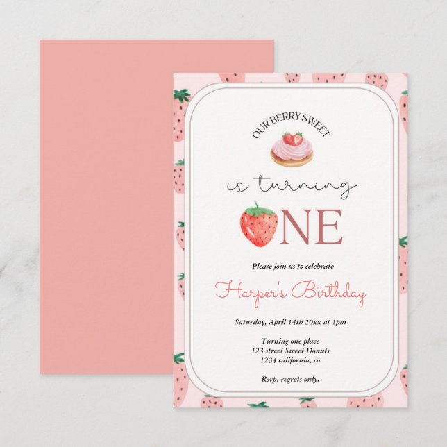 Strawberry 1st Birthday Party Berry First Invitation (Front/Back)