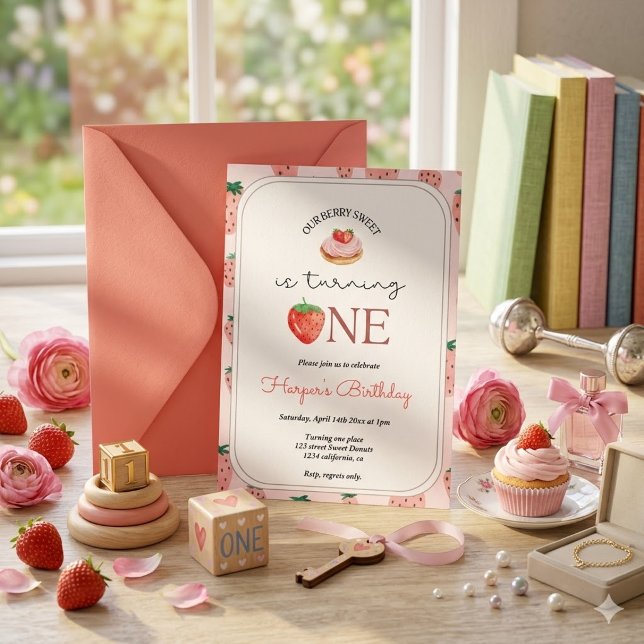 Strawberry 1st Birthday Party Berry First Invitation (Creator Uploaded)