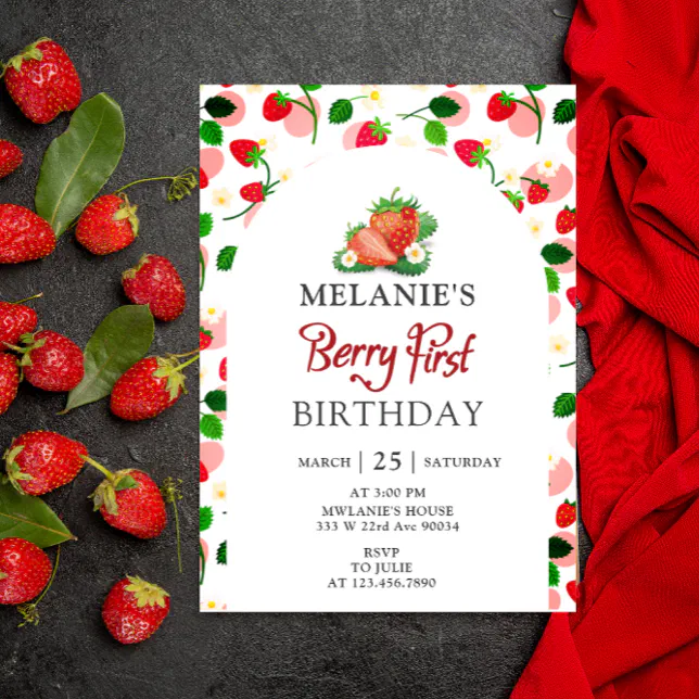 Strawberry 1st Birthday Party | Berry First Invitation | Zazzle