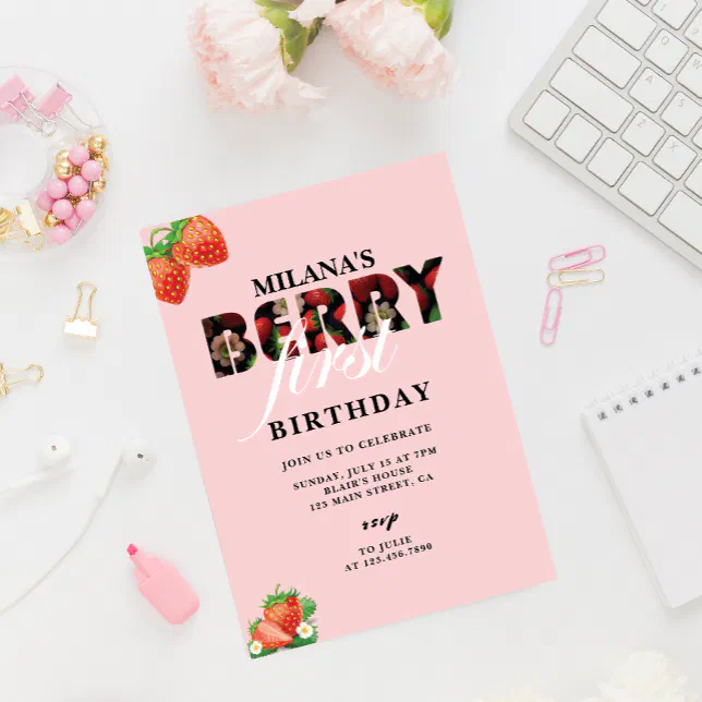 Strawberry 1st Birthday Party | Berry First Invitation | Zazzle