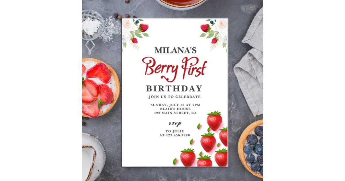 Strawberry 1st Birthday Party | Berry First Invitation | Zazzle