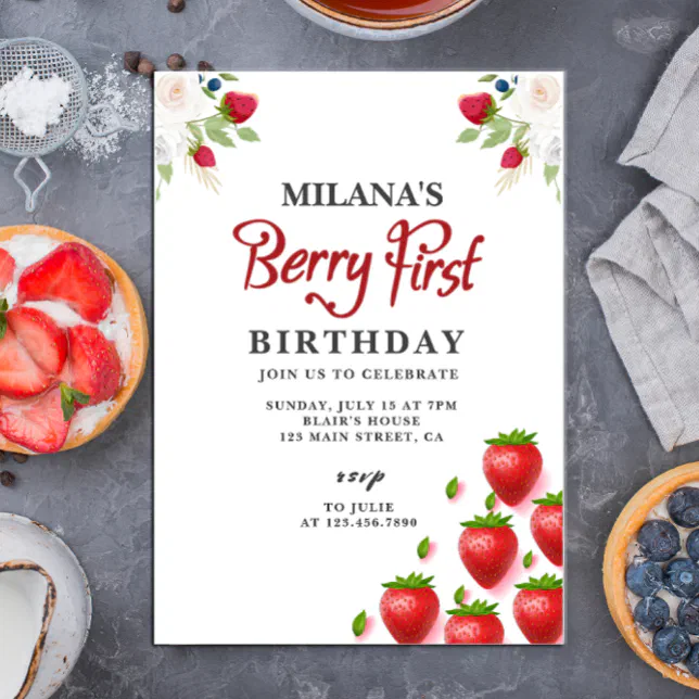 Strawberry 1st Birthday Party | Berry First Invitation | Zazzle