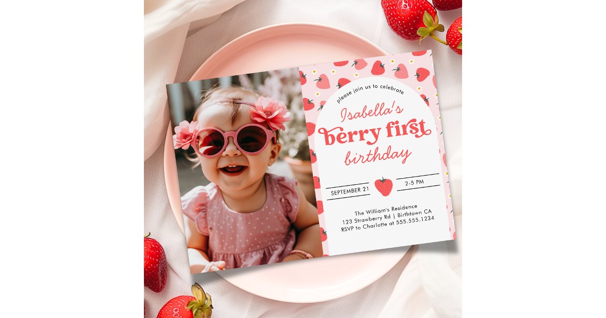 Strawberry 1st Birthday Party Berry First Invitation | Zazzle