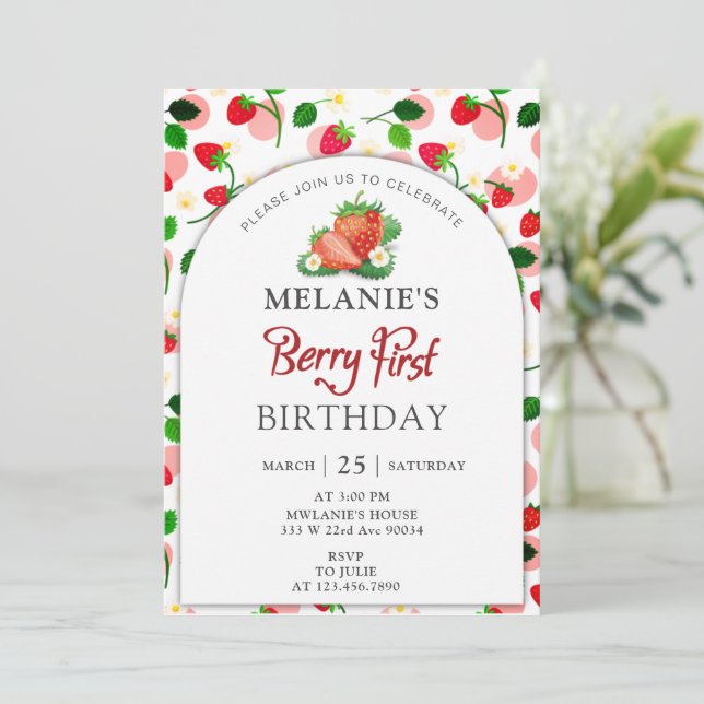 Strawberry 1st Birthday Party | Berry First Invitation (Standing Front)