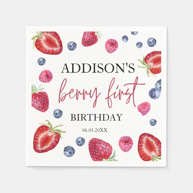 Strawberry 1st Birthday Party Berry First Napkins (Front)