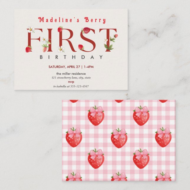 Strawberry 1st Birthday Party Berry First  Note Card (Front/Back)