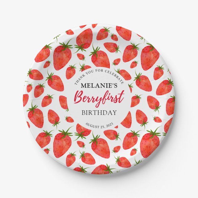 Strawberry 1st Birthday Party | Berry First Paper Plates (Front)